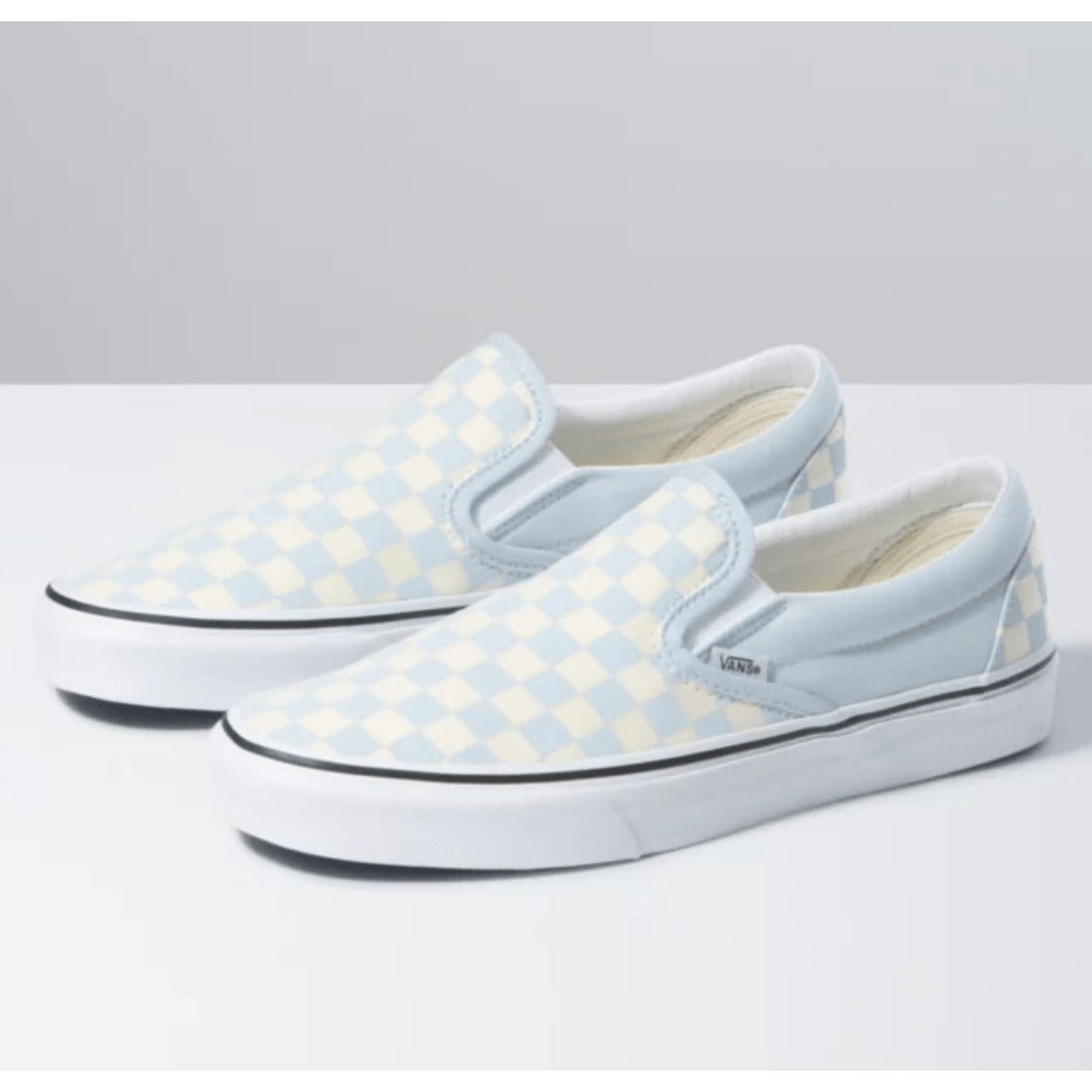 Light blue slip hot sale on checkerboard vans