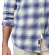 man wearing Faherty, Men's Lightweight Movement Flannel Shirt (Navy Cream Shadow Plaid Blue)