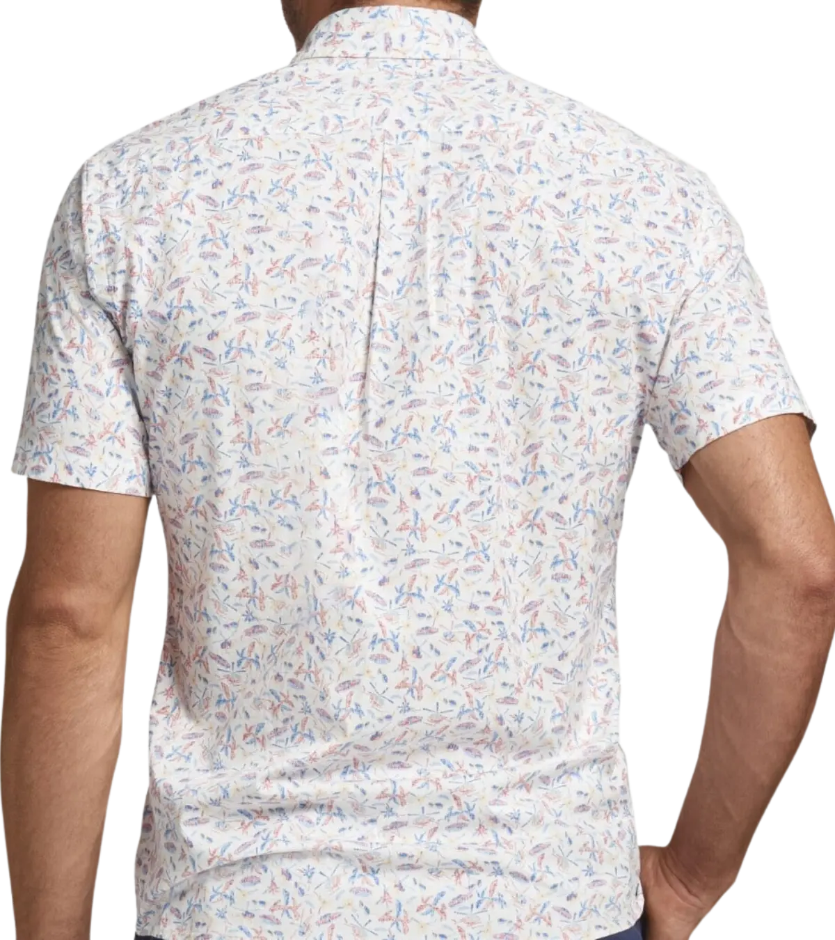 man wearing Peter Millar, Men's Oahu Cotton Stretch Short Sleeve Sport Shirt (Fruit Punch)