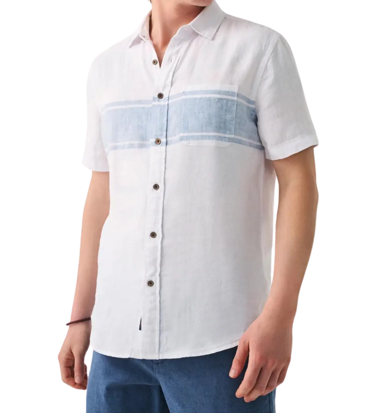 man wearing a faherty Short-Sleeve Surf Stripe Laguna Linen Shirt