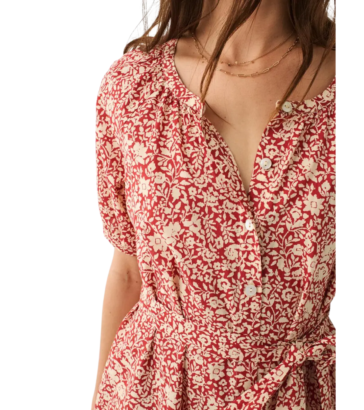 woman wearing a faherty carmel dress
