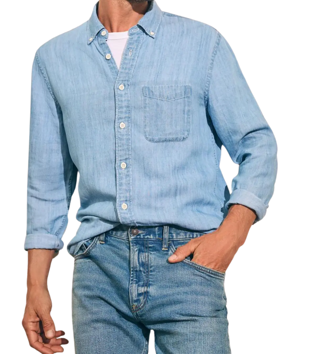 man wearing faherty The Tried & True Chambray Shirt