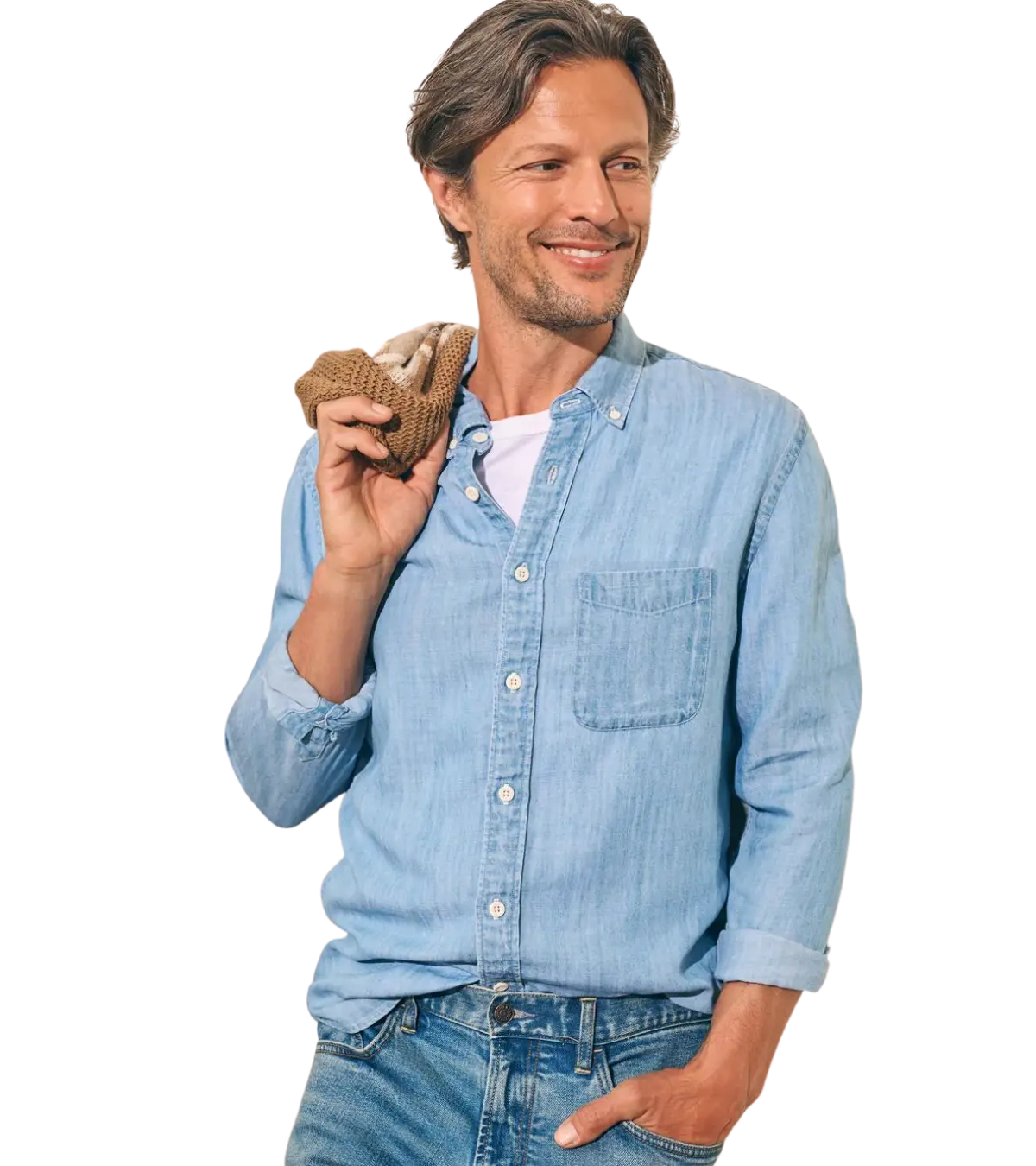 man wearing faherty The Tried & True Chambray Shirt