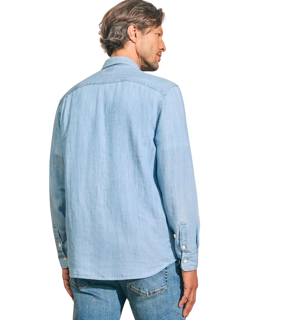 man wearing faherty The Tried & True Chambray Shirt