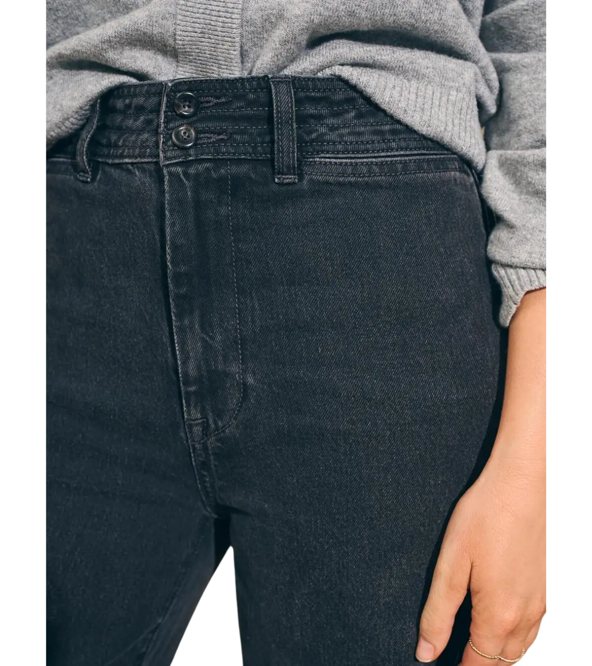 woman wearing faherty wide leg jeans