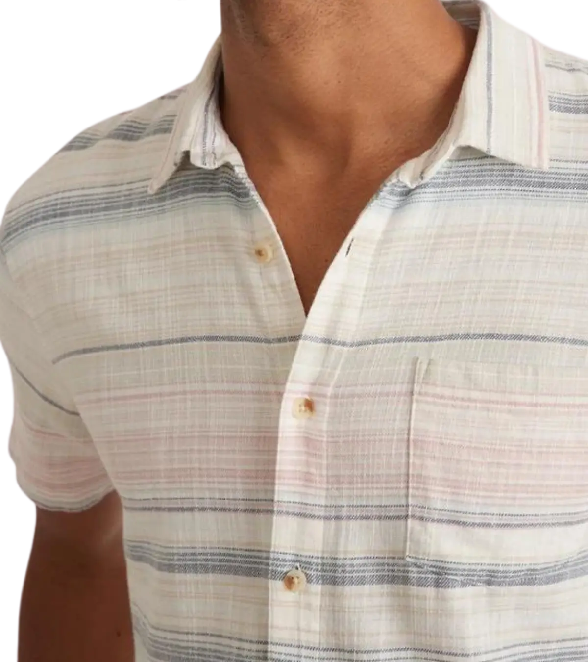 man wearing a marine layer Stretch Selvage Short Sleeve Shirt