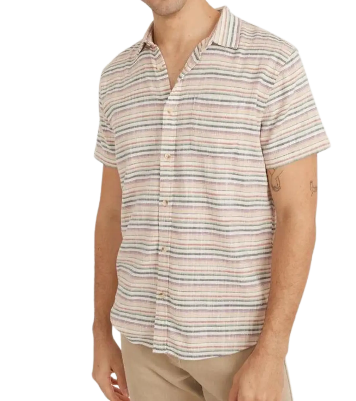 man wearing Marine Layer, Men's Short Sleeve Stretch Selvage Shirt (Multi Stripe)
