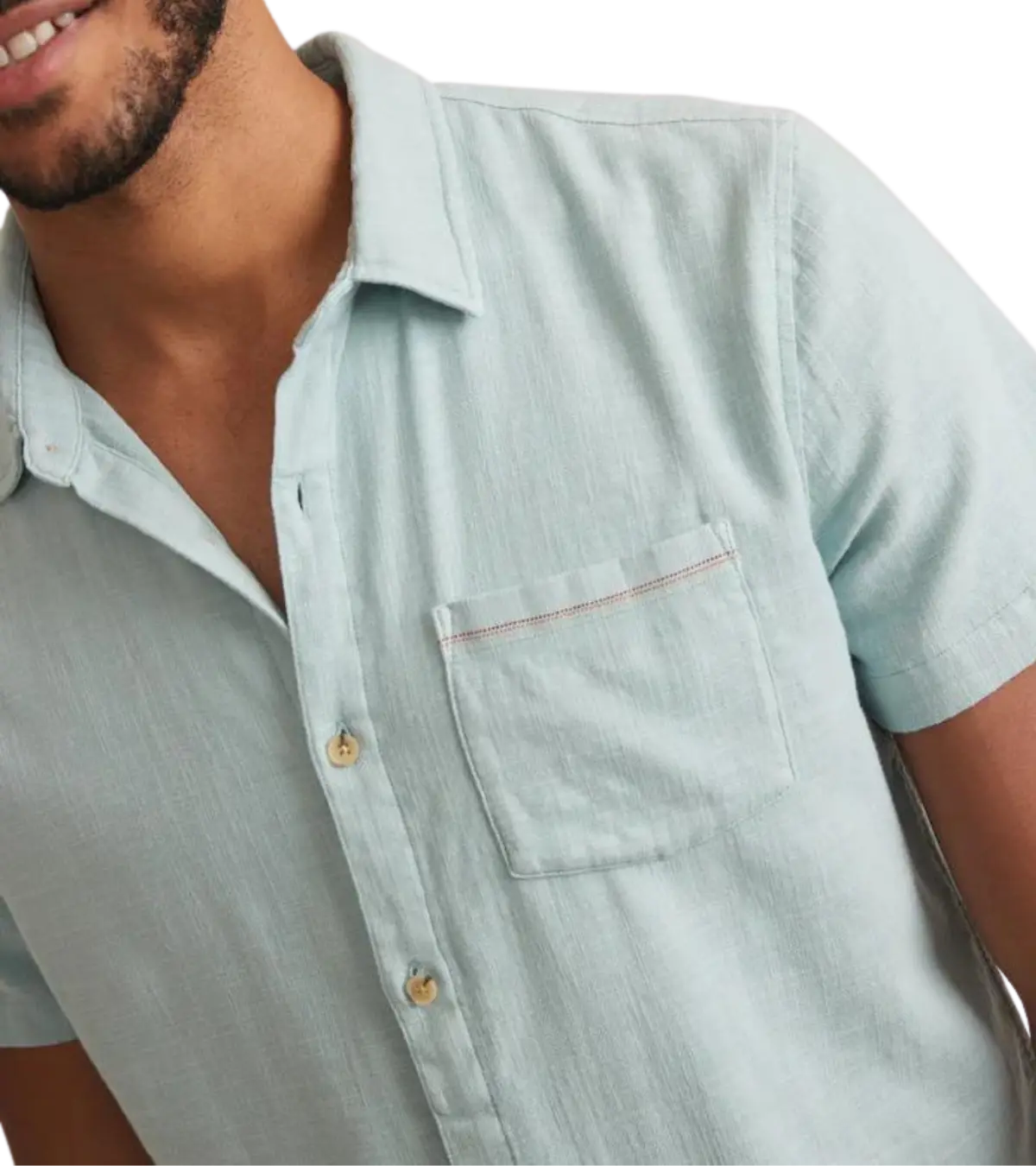 man wearing a marine layer mens Stretch Selvage Short Sleeve Shirt