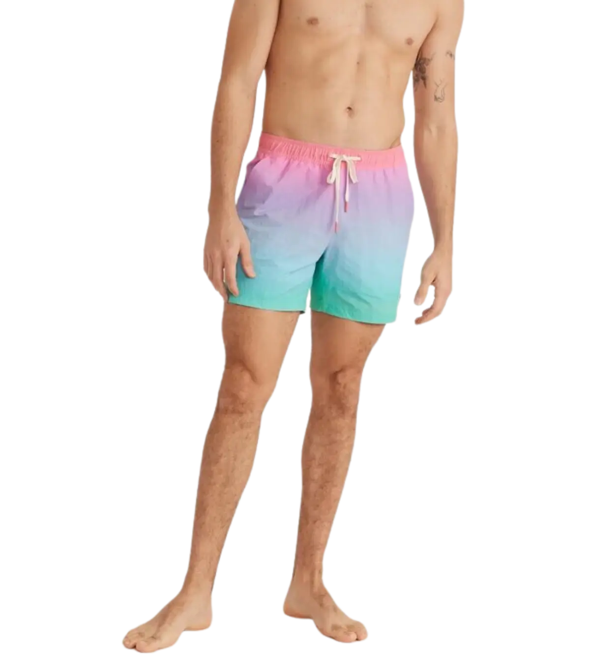 man wearing Marine Layer, Men's 5" Swim Trunk (Pink/Green Ombre)