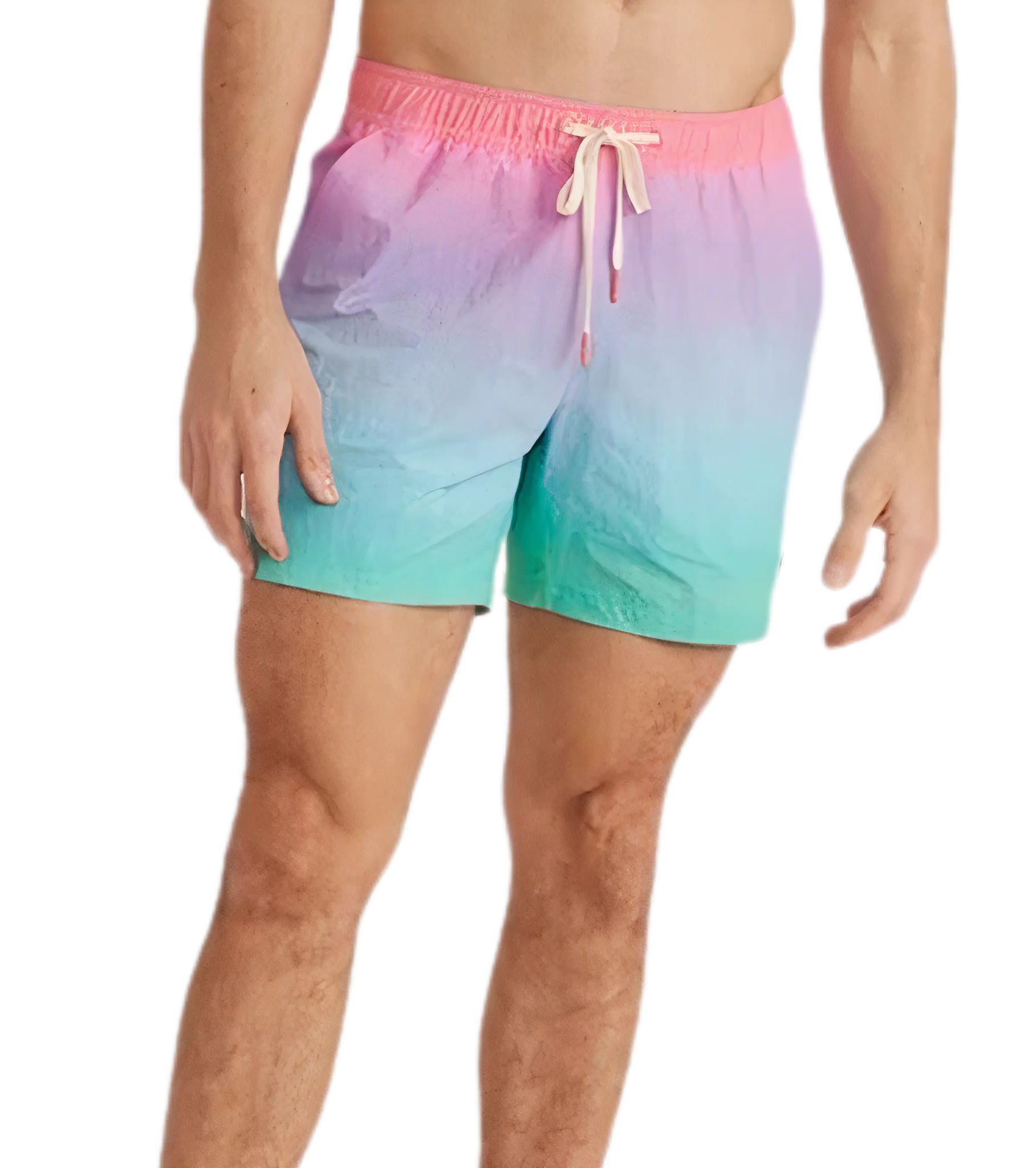 man wearing Marine Layer, Men's 5" Swim Trunk (Pink/Green Ombre)