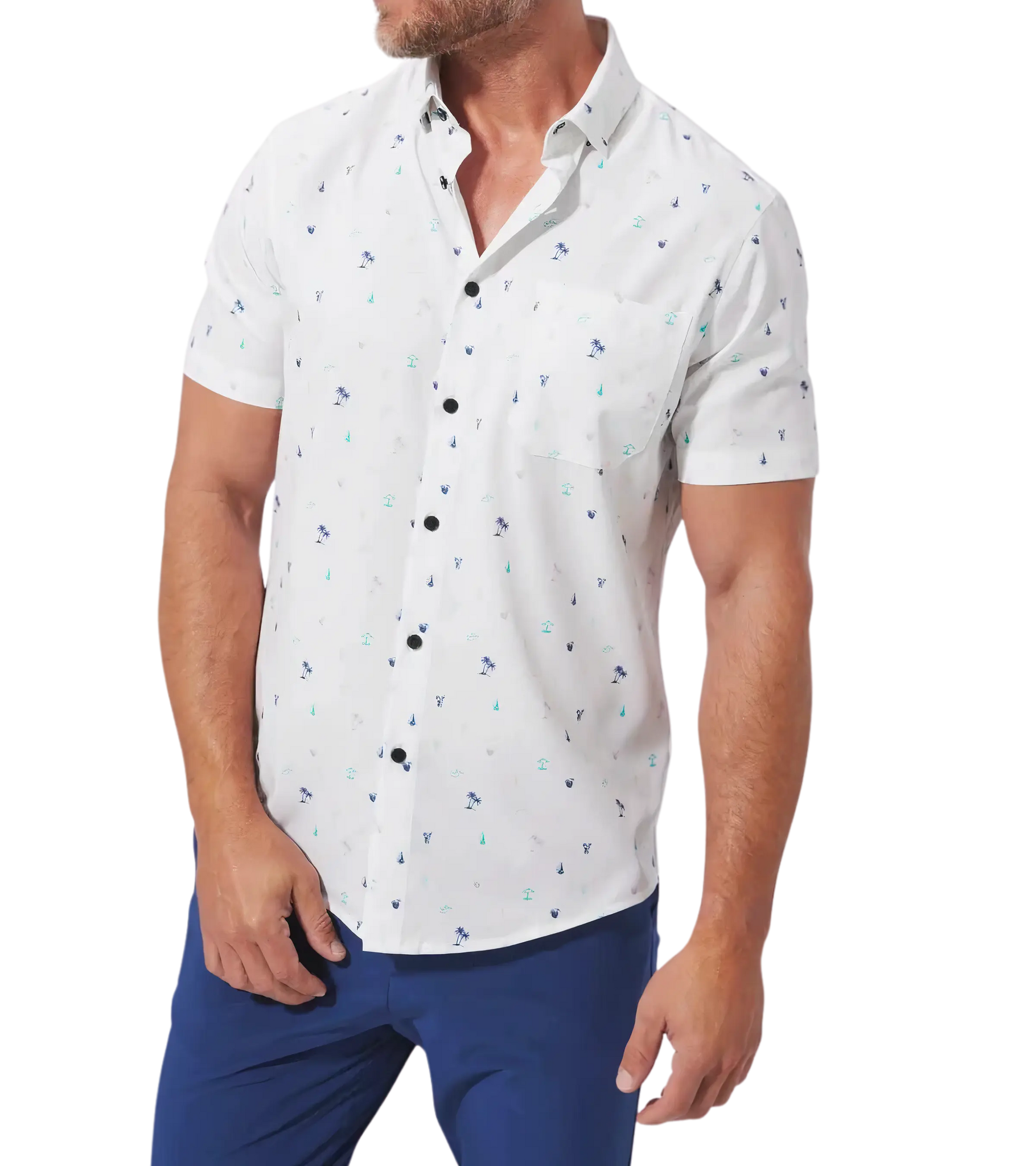 man wearing Mizzen and Main, Leeward Short Sleeve Shirt (Island Oasis Print)