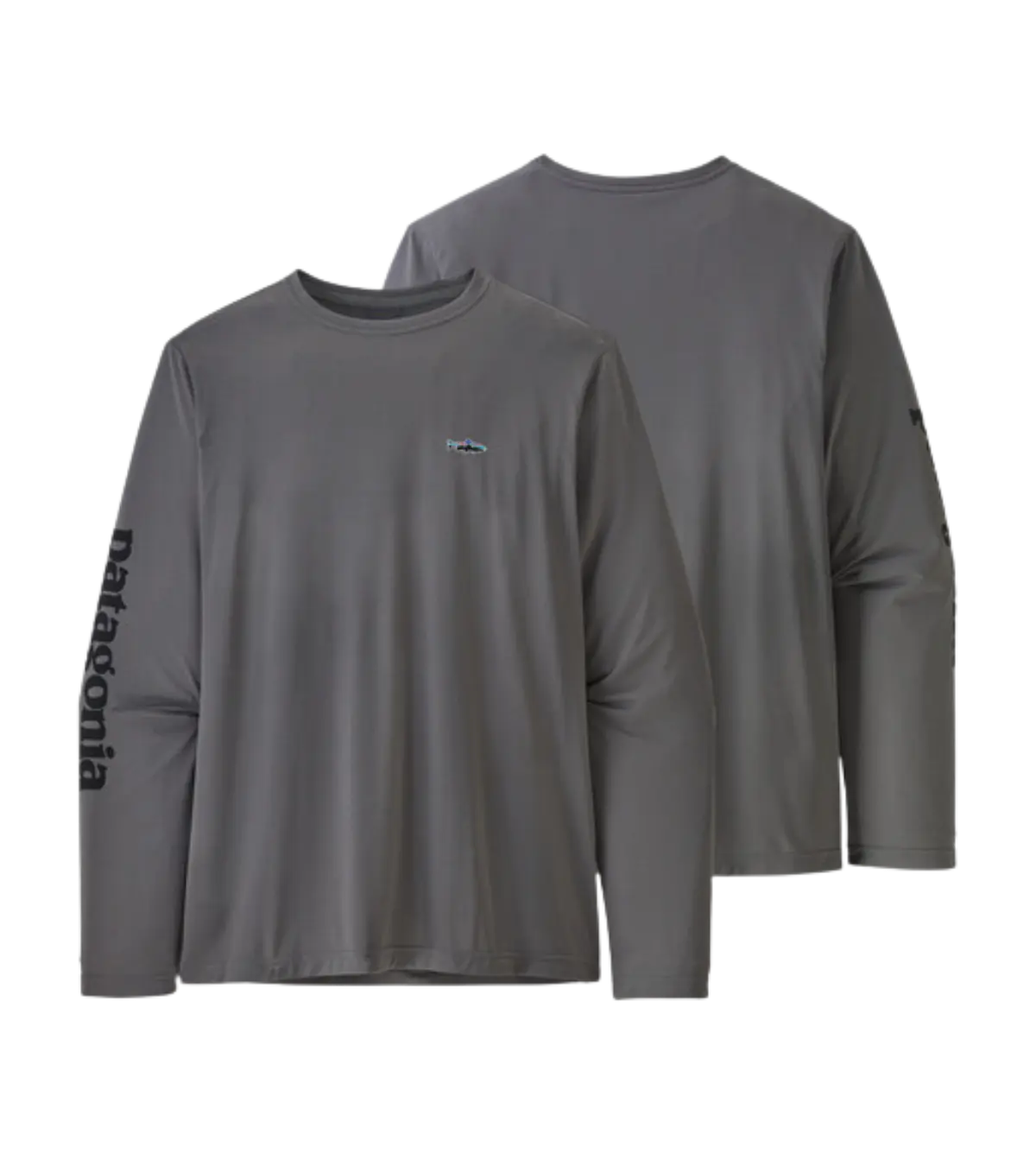 Patagonia Men's Long-Sleeved Capilene Cool Daily Fish Graphic Shirt - Text Logo: Nobel Grey