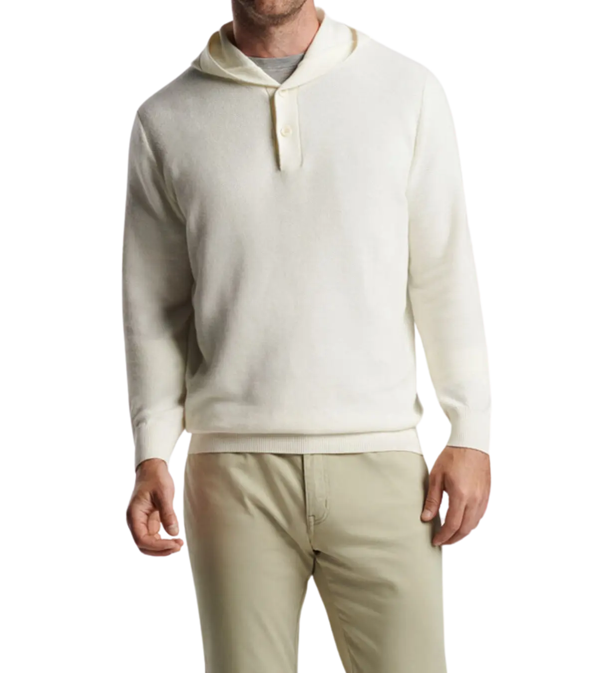 man wearing a peter millar Hickory Henley Hoodie Sweater