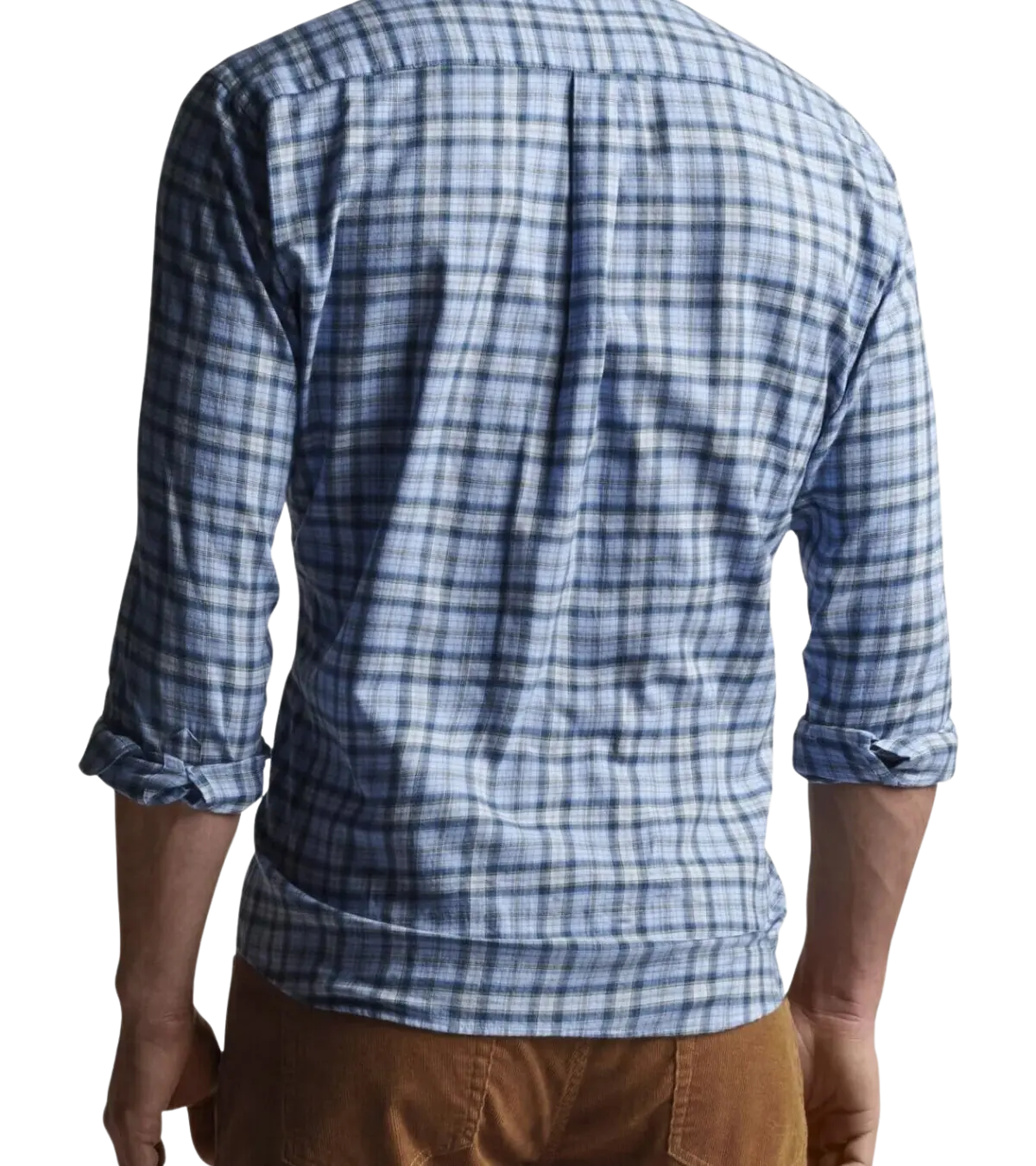 man wearing Peter Millar, Men's Page Autumn Soft Cotton Sport Shirt (Cottage Blue)
