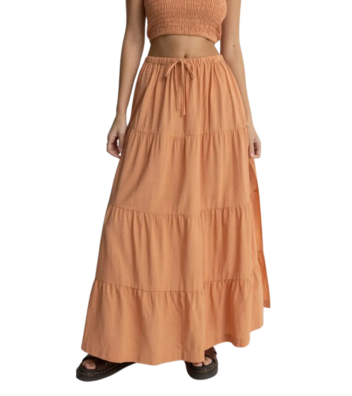 woman wearing a rhythm Villa Tiered Maxi Skirt