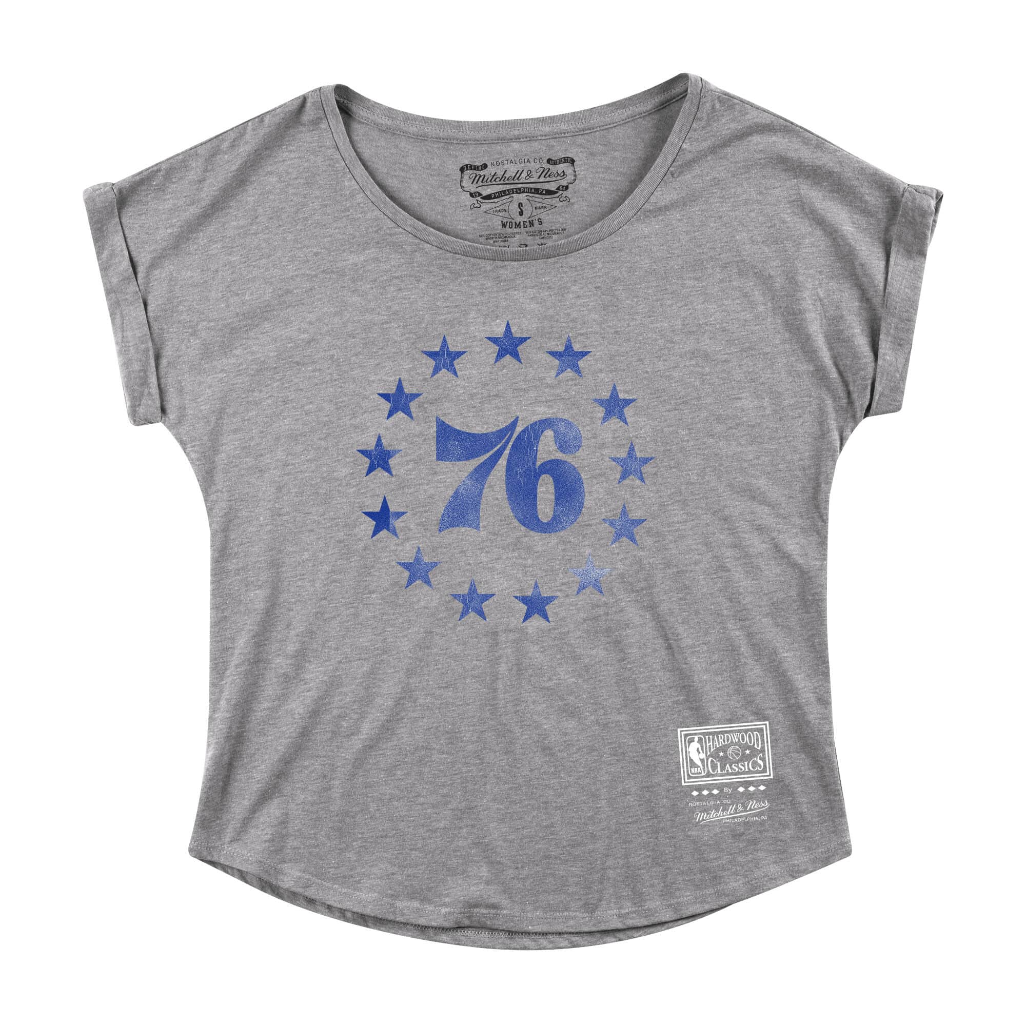 Mitchell & Ness Women's Tee Shirt Large / grey Mitchell & Ness, Women's 76ers Roll Sleeve Tee (Grey)