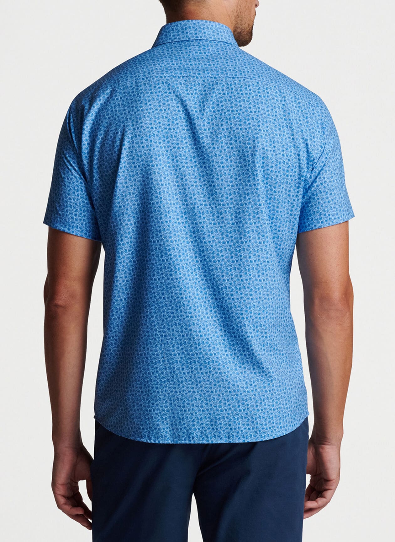 man wearing Peter Millar, Nightfall Performance Poplin Sport Shirt (Cottage Blue)