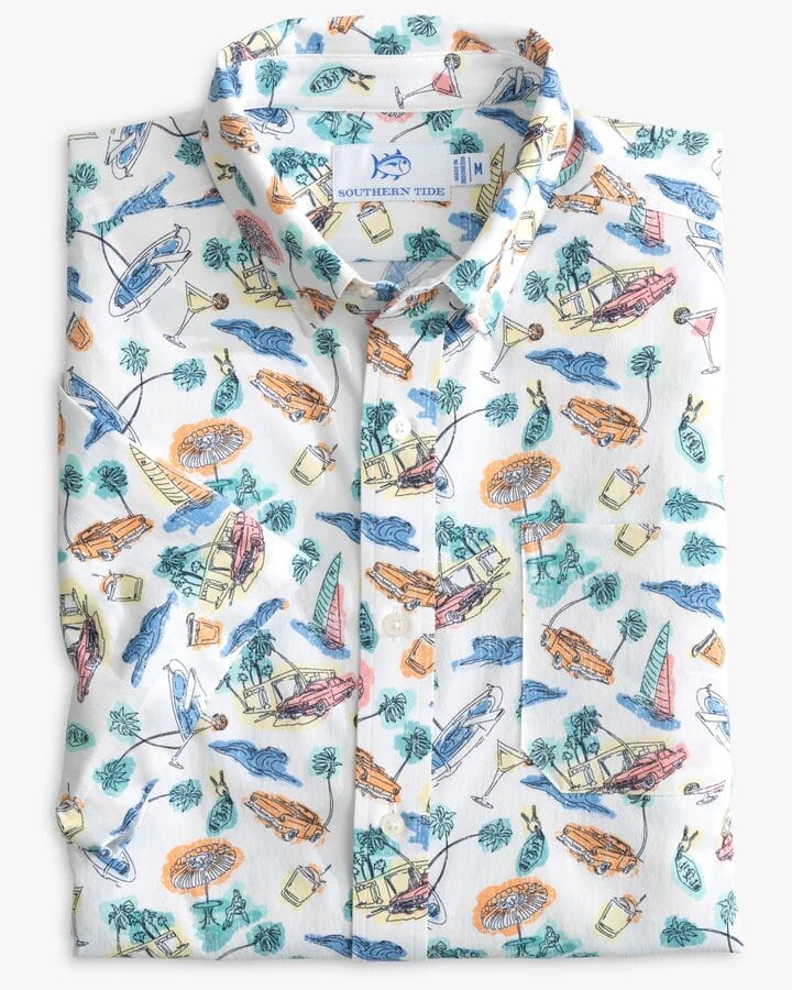 Southern Tide, Men's Poolside Print Intercoastal Short Sleeve Button Down Shirt (White)