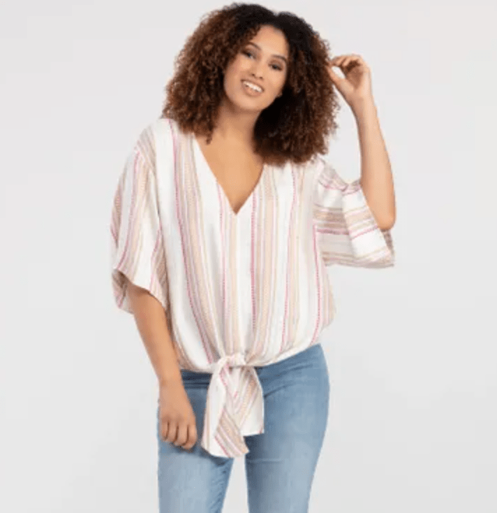  Lilac Tribal, Women's Tie-Front Striped Blouse (Lilac White)