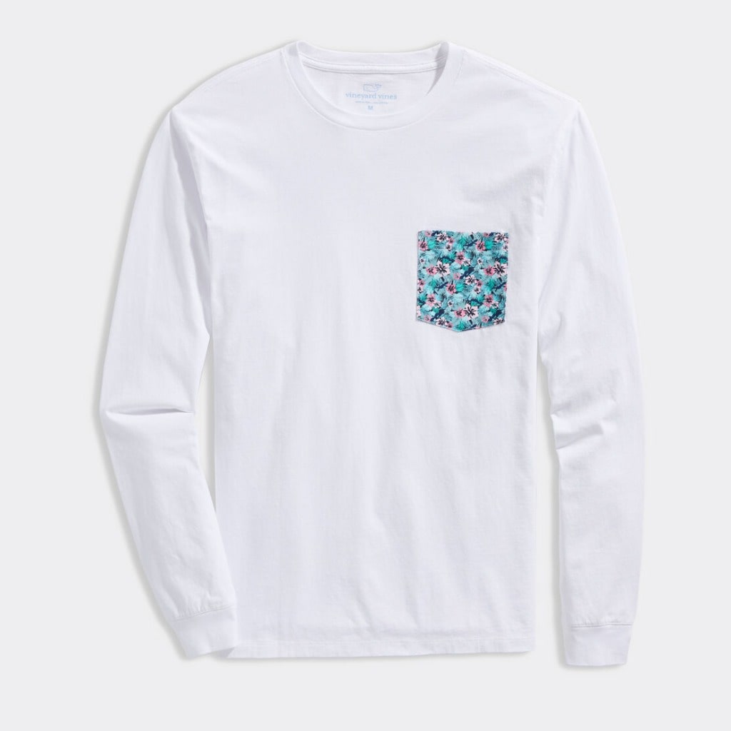 Vineyard Vines, Men's Floral Logo Box Long Sleeve Pocket Tee Shirt (White)