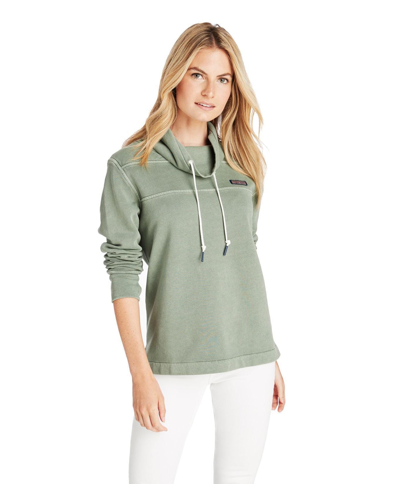  Olive Green Vineyard Vines, Women's Garment-Dyed Funnel-Neck Shep Shirt (Olive Green)